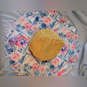 Lilly Pulitzer Blue and Pink Floral Towel with Straw Hat NWOT